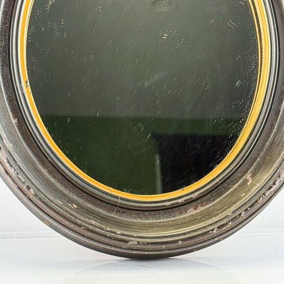 Antique Round Beveled Wall Mirror with Wooden Frame & Gilt Detail – 12” - Picture 4 of 8